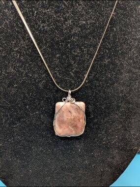 Handcrafted Pink Jade Stone Pendant Necklace with Sterling Silver Wire